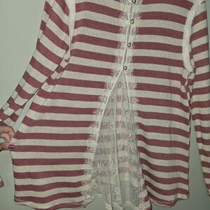 Striped Button-Up Lace Detail Top